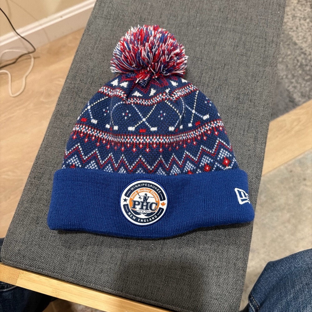 Blue Patterned Winnipesauke Pond Hockey Classic Beanie with Pom Pom